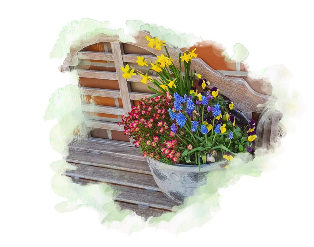 Blumenschale auf einer Holzbank als Symbol für Ruhe und Erinnerung im Trauerfall